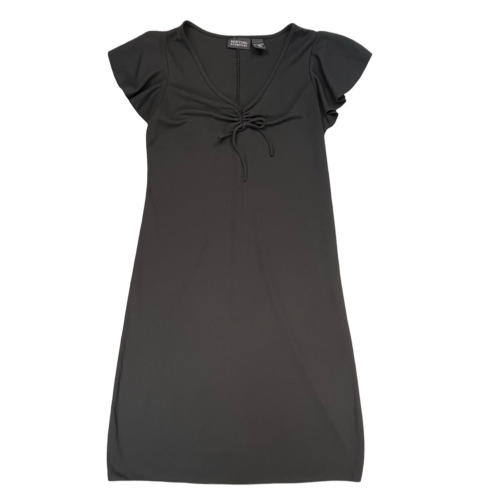 New York & Company Women Shift Dress Y2K Black Ruched V-Neck Flutter Sleeve M